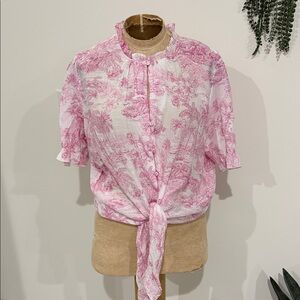 Pink Toile Print Blouse with Tie Front